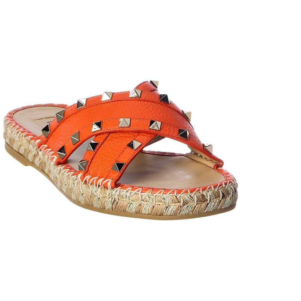 Valentino Orange Leather Studded Espadrille Slide Sandals